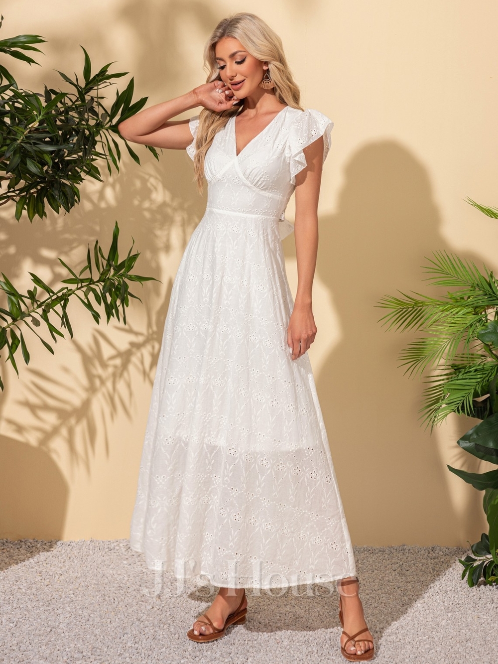 JJs House White Eyelet "Elicia" Maxi Dress with Flutter Sleeves